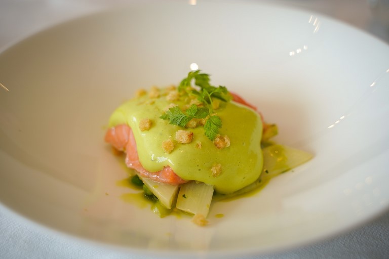 trout with watercress sauce on a plate